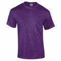 A plain purple t-shirt, listed as GD002, is displayed against a white background. The shirt features short sleeves and a round neckline, crafted by the brand Gildan as indicated on the label inside the collar.