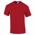 A plain red T-shirt, specifically the GD002 model from Gildan, is displayed against a white background. The T-shirt features short sleeves and a round neckline.