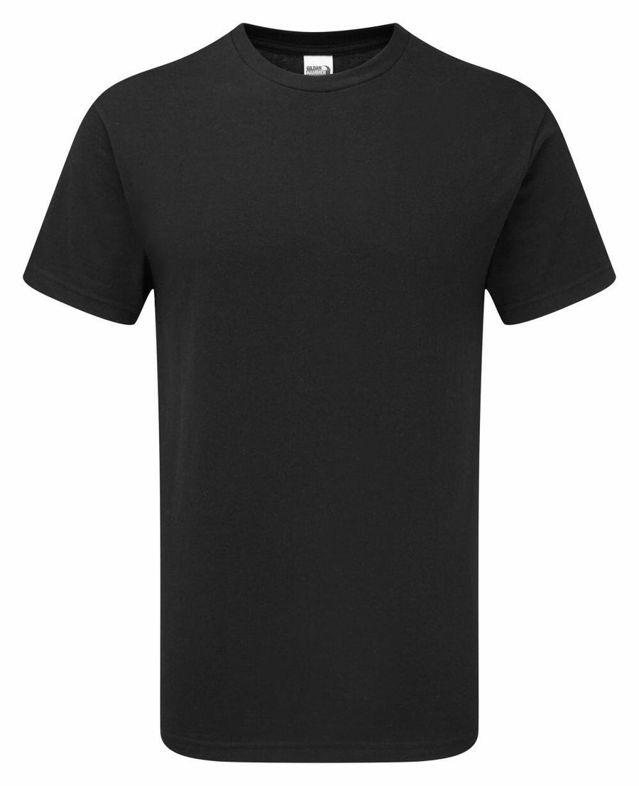 Gildan GD003 black plain T-shirt displayed on a white background.