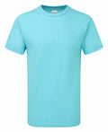 Displayed against a white background is the Gildan GD003, a plain turquoise crew-neck T-shirt featuring short sleeves and a neatly arranged, simple design.