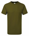 A Gildan GD003 t-shirt in olive green is displayed against a white background, featuring short sleeves and a round neckline.