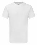 A GD003 by Gildan, featuring a plain white short-sleeved design and a round neckline, is centered against a white background, showcasing its simple and classic style.