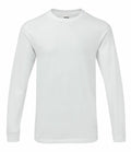 A white GD004 long-sleeve crew-neck t-shirt by Gildan displayed on a plain background.