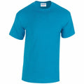 A bright blue Gildan GD005 T-shirt with short sleeves is displayed against a white background, showcasing its front view. A small label can be seen at the neckline inside the shirt.