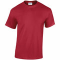 A Gildan plain red T-shirt on a white background, featuring a round neckline and short sleeves, with the small label of product GD005 visible inside the neckline.