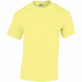 A bright yellow GD005 t-shirt with short sleeves and a crew neckline is shown against a white background, featuring the Gildan brand label on the inner neckline.
