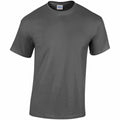 The GD005, a plain dark gray T-shirt from Gildan, is displayed on a white background. This shirt features short sleeves and a round neck.