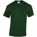 Product GD005 from Gildan, a short-sleeved dark green T-shirt with a round neckline, is showcased against a white background. The inner label in the collar is clearly visible.