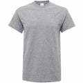 A Gildan GD005 plain gray T-shirt featuring short sleeves and a crew neckline, displayed against a white background.