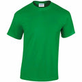 A plain green T-shirt displayed against a white background. The shirt is simple in design, featuring short sleeves and a round neckline. The label inside indicates it's from the Gildan brand, model GD005.