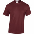 A plain maroon t-shirt with short sleeves and a crew neckline is displayed against a white background. The label inside the shirt reads Gildan Heavy Cotton, and it is identified as product GD005 from the brand Gildan.
