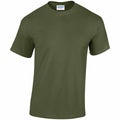 A Gildan GD005 T-shirt in plain olive green, featuring short sleeves and a round neckline, showcased against a white background.
