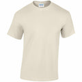 A simple light beige T-shirt from Gildan, known as product GD005, featuring short sleeves and a crew neck. It includes a small label inside the collar.