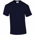A plain navy blue T-shirt is shown on a white background. The neck tag features the brand name "Gildan" in blue text. This classic design, identified as Product GD005, includes short sleeves and a crew neck.