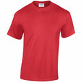 A plain red T-shirt from Gildan's GD005 line is displayed against a white background. The shirt features a classic crew neckline and short sleeves, with a small label inside the collar indicating it's made of Heavy Cotton.