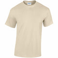 A plain, beige short-sleeve t-shirt from Gildan (product GD005) on a white background, featuring a round neckline and a simple, unadorned design.