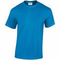 Gildan GD005 blue short-sleeve crew neck t-shirt on a white background, featuring a label on the inside collar.