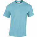 A Gildan GD005 T-shirt in plain light blue featuring short sleeves is displayed against a white background. The shirt includes a round neckline and has a visible label inside the collar.
