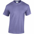 A short-sleeved purple Gildan GD005 t-shirt with a round neckline, displayed on a white background. A small label is visible on the inside near the collar.