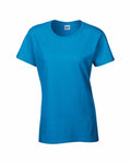 A Gildan GD006 plain blue short-sleeve T-shirt is displayed against a white background. It features a crew neckline and a relaxed fit, showcasing a simple and casual design.