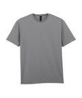 A solid grey T-shirt product, featuring a plain short-sleeve crew neck design, is displayed flat on a white background.