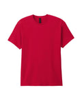 A plain T-shirt short-sleeve red crew-neck shirt is displayed against a white background, featuring no visible logos or designs.