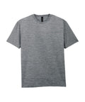 A heather grey, short-sleeved T-shirt top with a crew neckline lies flat on a white background, featuring a plain design with no visible logos or patterns.