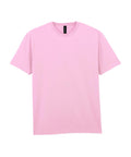 A plain light pink short-sleeve crew neck T-shirt is shown on a white background, featuring a black neck tag with no visible logos or graphics.