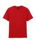 A plain red T-shirt short-sleeve shirt with a round neckline and no visible logos or patterns is displayed on a white background.
