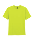 A plain, short-sleeved lime green T-shirt product is shown on a white background, featuring a crew neck with no visible logos or designs.