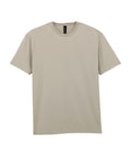 A light beige, short-sleeved crew neck T-shirt is shown against a white background, featuring a plain design with no visible logos or patterns.