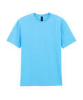 A plain light blue short-sleeve crew neck T-shirt is shown from the front on a white background, featuring no visible designs or logos.
