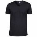 A Gildan GD010 plain black V-neck T-shirt showcased against a white background.