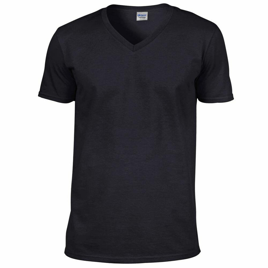 A Gildan GD010 plain black V-neck T-shirt showcased against a white background.