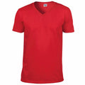 A Gildan GD010 plain red V-neck T-shirt showcased against a white background.