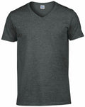 A top from Gildan, style GD010, is showcased with a dark gray V-neck and short sleeves against a white backdrop.