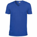 A Gildan GD010 blue V-neck t-shirt is displayed against a white background.