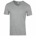 The Gildan GD010 is a plain gray V-neck T-shirt set against a white backdrop. Its fabric looks soft and lightweight, making it ideal for casual wear.