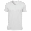 A Gildan "GD010" white V-neck T-shirt is showcased against a white background. The shirt features short sleeves and is crafted from lightweight fabric, neatly arranged to highlight its shape and design.