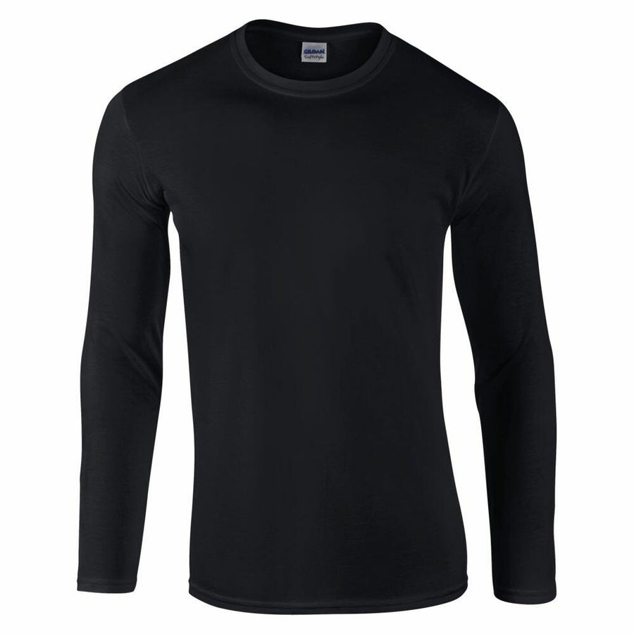 GD011 Gildan black long-sleeve t-shirt displayed on a white background.