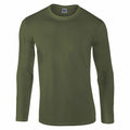 A Gildan GD011 olive green long-sleeve shirt displayed against a white background.