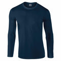 The Gildan GD011, a dark blue long-sleeve shirt, is showcased against a white background. It features a straightforward design with a crew neckline and lacks any visible logos or patterns.