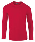 Gildan's GD011 red long-sleeve shirt showcased on a plain white background.
