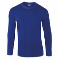 The Gildan GD011, a long-sleeved blue shirt with a crew neckline, is showcased against a white backdrop.