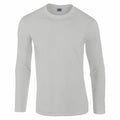 The Gildan GD011, a plain, long-sleeved white T-shirt, is displayed against a white background. It features a round neckline and boasts a simple, clean design with no visible logos or patterns.