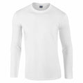 The Gildan GD011, a plain white long-sleeve T-shirt, is displayed on a white background. This shirt features a crew neckline with no visible logos or designs.