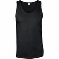 A Gildan GD012 plain black round neck sleeveless tank top.