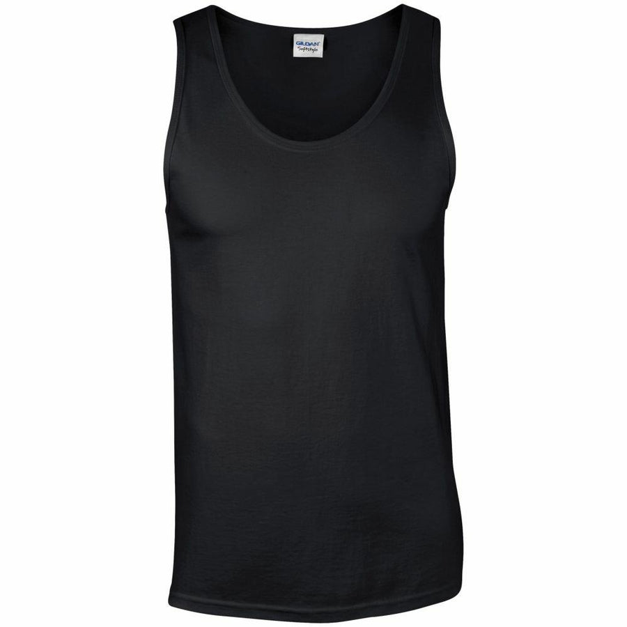 A Gildan GD012 plain black round neck sleeveless tank top.