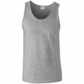 Gildan GD012 is showcased on a plain white background as a gray sleeveless tank top. The fabric looks soft and comfortable, featuring a simple and classic design perfect for casual wear.