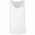 The Gildan GD012 is a plain white sleeveless tank top featuring a scoop neckline, showcased against a white background.